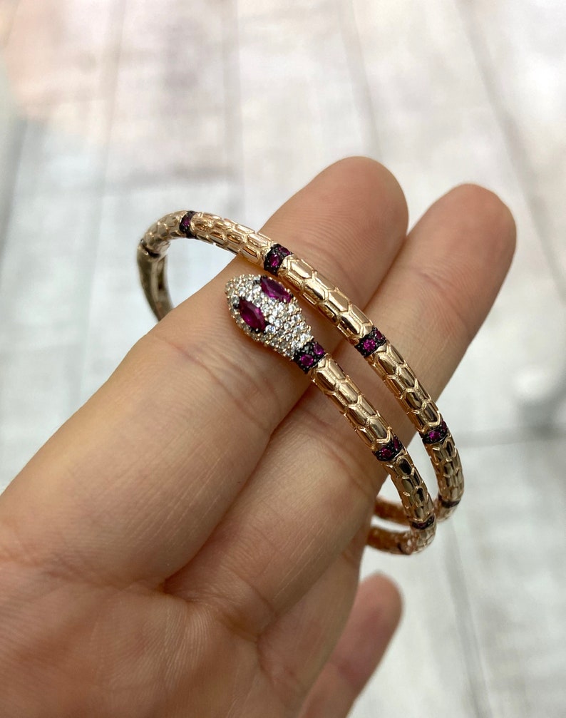 925 Solid Sterling Silver Bracelet Rose Gold Vermeil Cubic Zirconia Gemstone Bangle Green Pink Snake Cuff Bracelet