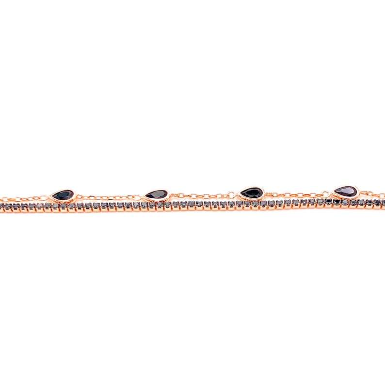 Tennis Bracelet Double Chain Black Cubic Zirconia 925 Silver Gemstone 14k Rose Gold