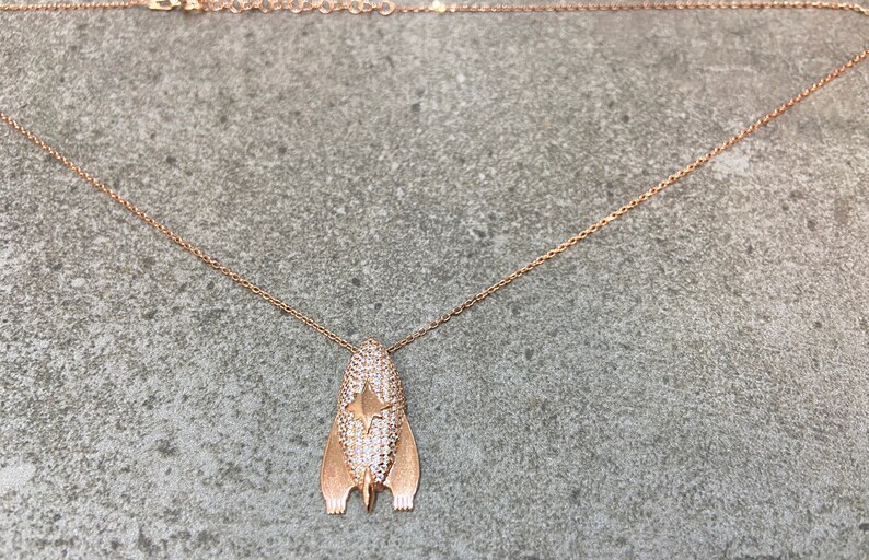 Big Spaceship Pendant Necklace 925 Solid Silver Necklace Rose Gold Vermeil Statement Necklace Cubic Zirconia Gemstone