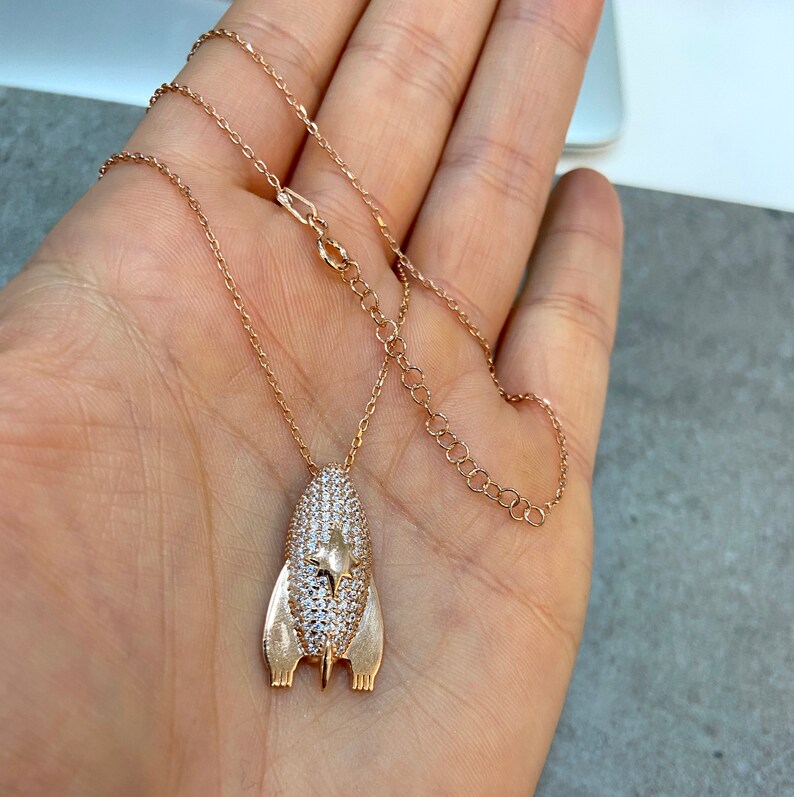 Big Spaceship Pendant Necklace 925 Solid Silver Necklace Rose Gold Vermeil Statement Necklace Cubic Zirconia Gemstone