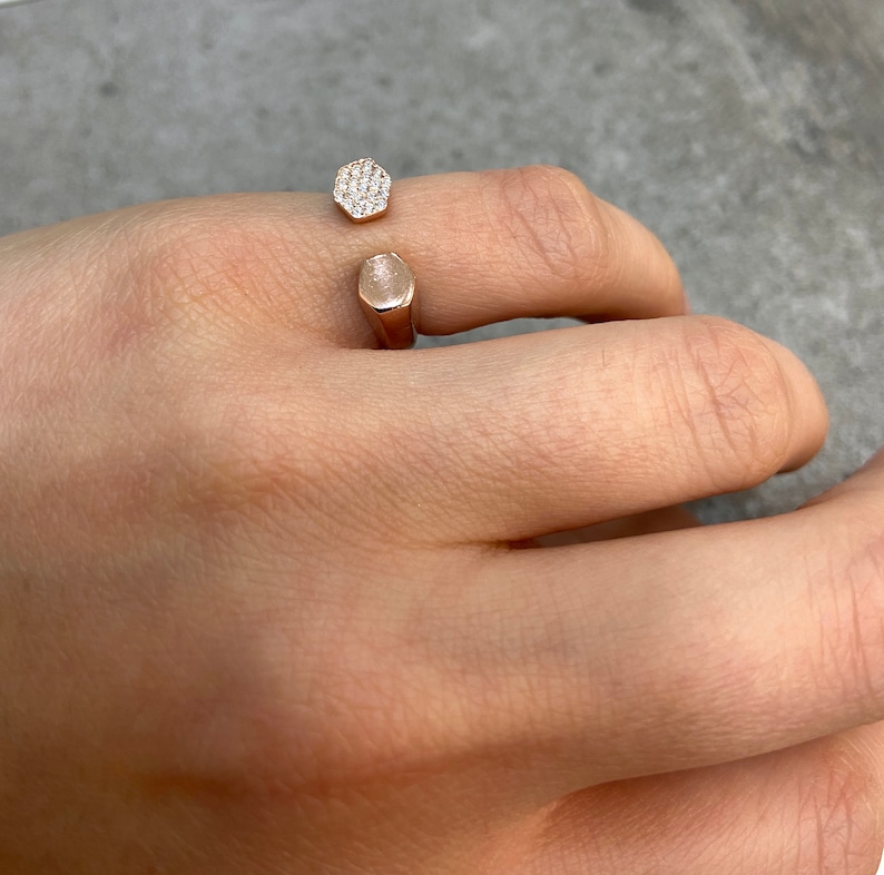 Pinky Finger Ring Zircon Bezel Ring Hexagon Ring Dainty Little Finger Ring Rose Gold Vermeil Ring 925 Silver Open Ring