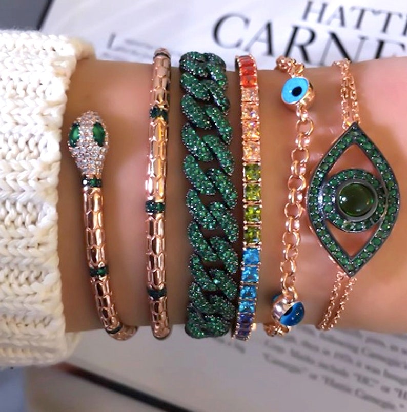 925 Solid Sterling Silver Bracelet Rose Gold Vermeil Cubic Zirconia Gemstone Bangle Green Pink Snake Cuff Bracelet