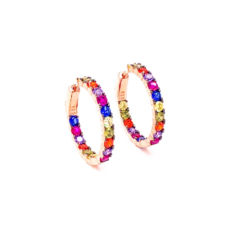 Multicolor Hoop Silver Earrings Cubic Zirconia Gemstone 1/'/' 2.5 cm 14K Rose Gold Plated