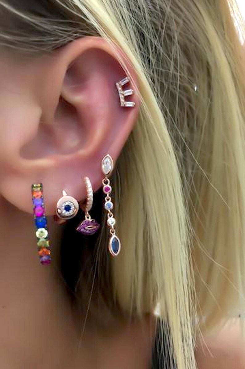 Multicolor Hoop Silver Earrings Cubic Zirconia Gemstone 1/'/' 2.5 cm 14K Rose Gold Plated