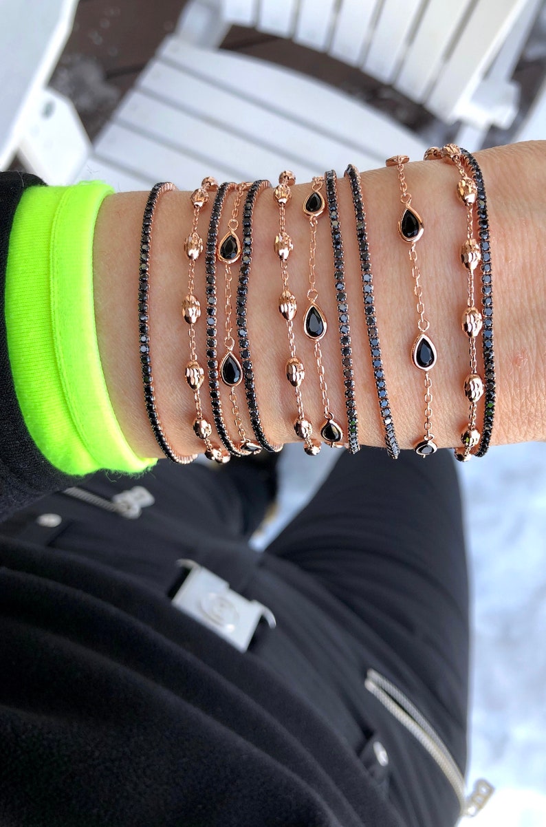 Tennis Bracelet Double Chain Black Cubic Zirconia 925 Silver Gemstone 14k Rose Gold