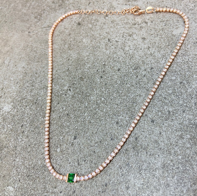 Green Baguette Stone Tennis Choker Zirconia Gemstone 925 Solid Sterling Silver Rose Gold Vermeil