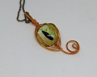 Lime Green and Copper Dragons Eye wrapped in Enameled Copper on a Bronze Chain