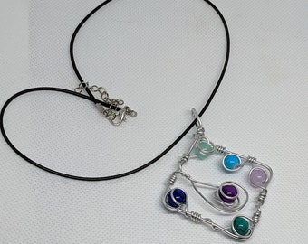 Diamond Shaped Mermaid Colors Swirl Wire Wrapped Necklace Pendant