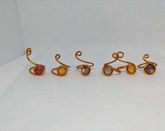 Glass and Copper Adjustable Size Stackable Swirl Rings Multiple Styles - Non Tarnish Enameled Copper rings in brilliant orange