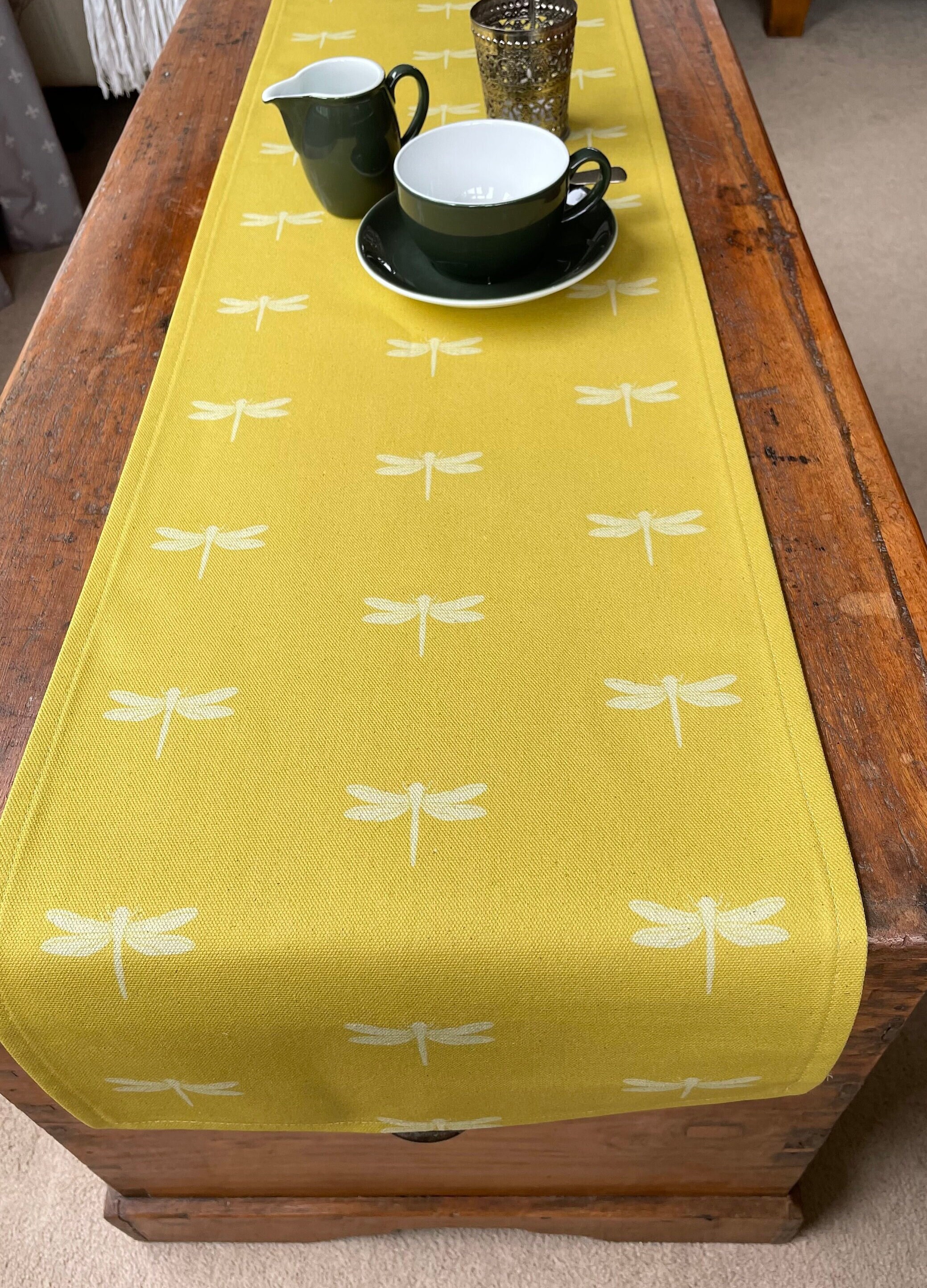 Short Yellow Dragonfly Table Runner Handmade From Organic Cotton 100 Cm Long and 30 Cm Wide Etsy
