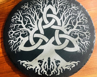 Engraved Slate stone round circle serving tray Celtic knot Tree of Life