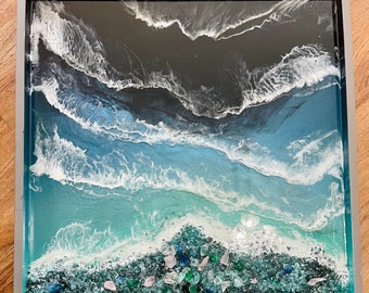 Ocean art “Crystal beach” epoxy resin and glass art by Nick Metcalf 24” x 24”