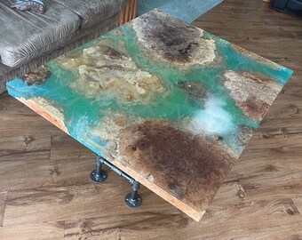 Maple Burl and epoxy coffee table “Burl Islands” original functional art by Nick Metcalf