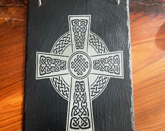 Engraved Slate stone Celtic Cross with knotwork Irish Christian Book of Kells