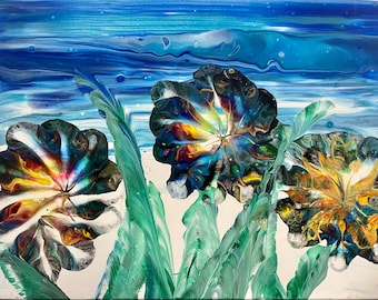 Original Painting “Rainbow Hibiscus” on 16“ x 24” canvas by Nick Metcalf