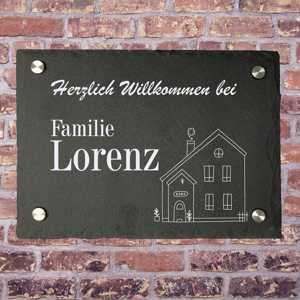 Plaque de porte d'entrée en ardoise | 3 tailles | Support noir ou acier inoxydable | Personnalisable | Nom de famille avec maison | gravure