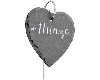 Letrero de planta en pizarra con forma de corazón y soporte de acero inoxidable | Grabado individual | Letrero de jardín resistente a la intemperie | Regalo para los amantes de la jardinería.