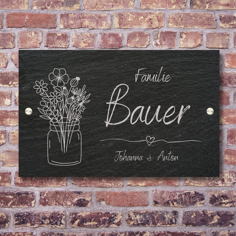 Letrero de pizarra individual para puerta de entrada | 3 tamaños | Grabado láser | Personalizable: Nombre, Calle, Símbolos y Corchete | Diseño rústico imagen 1