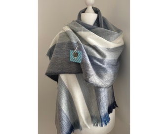 Alpaca Wool Scarf Wraps SHawls Striped Light Soft Navy Blue ~ White | Any Time Gift | Autumn | Winter.
