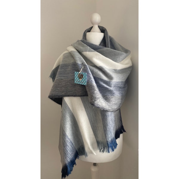 Alpaca Wool Scarf Wraps SHawls Striped Light Soft Navy Blue ~ White | Any Time Gift | Autumn | Winter.