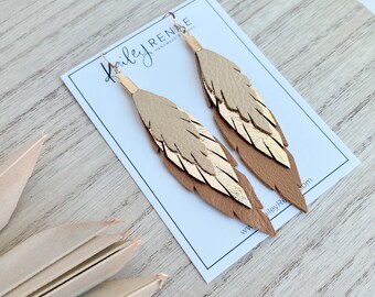 Small feather earrings- Pale Yellow & Shiny Gold- Mini boho genuine leather Feathers- Lightweight shiny layered feather statement jewelry