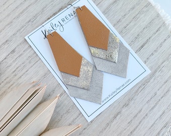 Chevron Leather Earrings- Boho Silver Sparkle- Honey Speckled metallic Silver Gray Suede- Geometric Genuine Leather- Lightweight