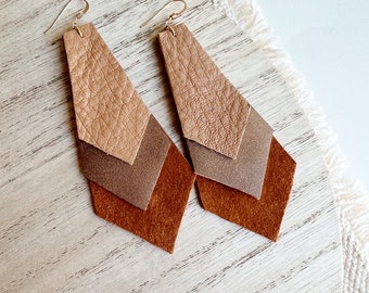 Chevron Leather Earrings- Boho Warm tones Metallic Gold Rust Red- Simple Lightweight- Geometric Genuine Leather- Statement Earrings
