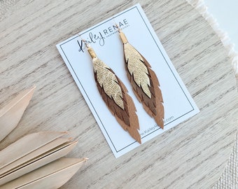 Small feather earrings- Shiny Gold & Tan- Mini boho genuine leather feathers- Lightweight shiny layered feather statement jewelry