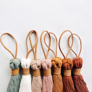 Macrame tassel- Large Boho Tassel - Linen and Leather- Boho Door Charm Decor- Leather macrame curtain tie, Cotton Cord Suede