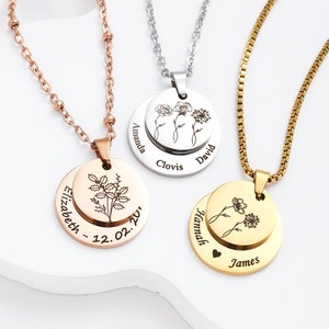 Personalized Engraved Birth Flower Necklace,  Birth Flower Necklace with Engraved Names, Family Names Neckace, Mother&#39;s Day Gift