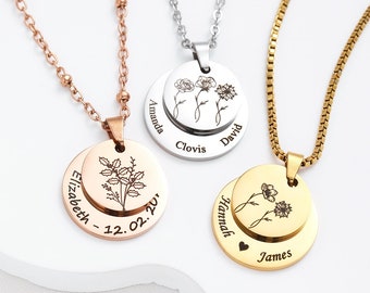 Personalised Engraved Necklace, Custom Birthflower Necklace, Mother's day Gift, Grandma Gifts, Birth Gift, Gift For Her