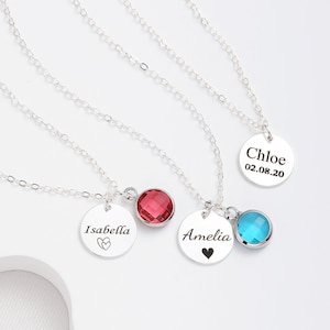 Collar con inicial de plata esterlina y piedra de nacimiento, collar con nombre de plata esterlina, regalos personalizados, regalo del día de la madre, regalo para ella