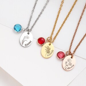 Personalised Birthflower Name Necklace with Birthstone, Minimalist Jewelry, Mother&#39;s Day Gift, Anniversary Gift, Birthday Gift