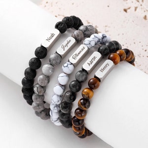 Pulseira masculina personalizada com nome, pulseira masculina de contas, pulseira personalizada com pedras de cura, pulseira com olho de tigre, lava, turquesa e pedra malaquita