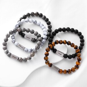 Personalized Kids Natural Stone Bracelet, Engraved Name, Natural Tiger Eye and Lava Stones