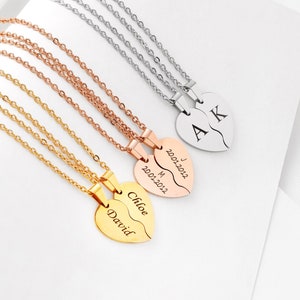 Collar grabado personalizado con forma de corazón dividido para pareja, collar de la amistad, regalo para el día de San Valentín, regalo para ella, regalo para él
