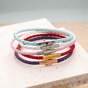 Personalized Leather Bracelet: Engraved Stainless Steel Clasp, Dainty Braided Band