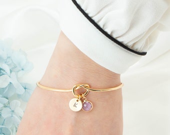 Initial Knot Bracelet , Bridesmaid Gift , Knot Bangle , Birthstone Bangle , Tie The Knot Bracelet , Stacking Bracelet , Flower Girl Gift