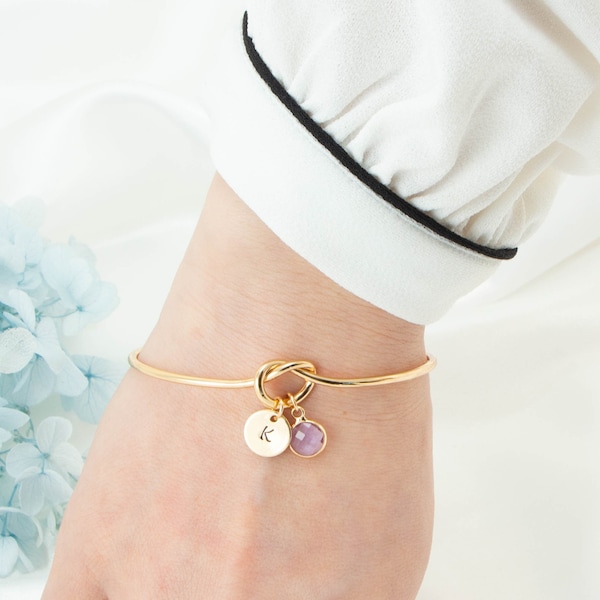 Initial Knot Bracelet , Bridesmaid Gift , Knot Bangle , Birthstone Bangle , Tie The Knot Bracelet , Stacking Bracelet , Flower Girl Gift