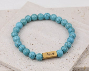 Personalised Turquoise Howlite Natural Stone Bracelet, Round Beaded Bracelet, Engraved Beaded Bracelet, Kids Bracelet, Gift For Her