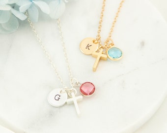 Dainty Cross necklace, Initial cross necklace, birthstone necklace, gift for baptism, christian gifts, gift for her, cross jewelry