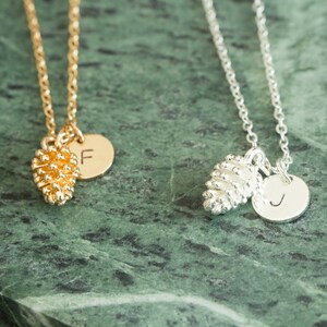 Puede incluir: Dos collares de oro con dijes de piña y colgantes de disco con iniciales. El collar de la izquierda tiene una cadena de oro y un disco con la letra "F" en él. El collar de la derecha tiene una cadena de plata y un disco con la letra "J" en él.