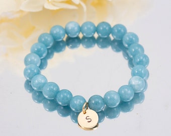 Aquamarine Bracelet, Personalised Aquamarine Bead Initial Bracelet, Aquamarine Jewelry, Healing Bracelet, Stretch Bracelet, Quality 3A