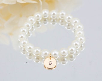 Personalized Pearl Flower Girl Bracelet, Initial Charm, Flower Girl Gift, Wedding Jewelry