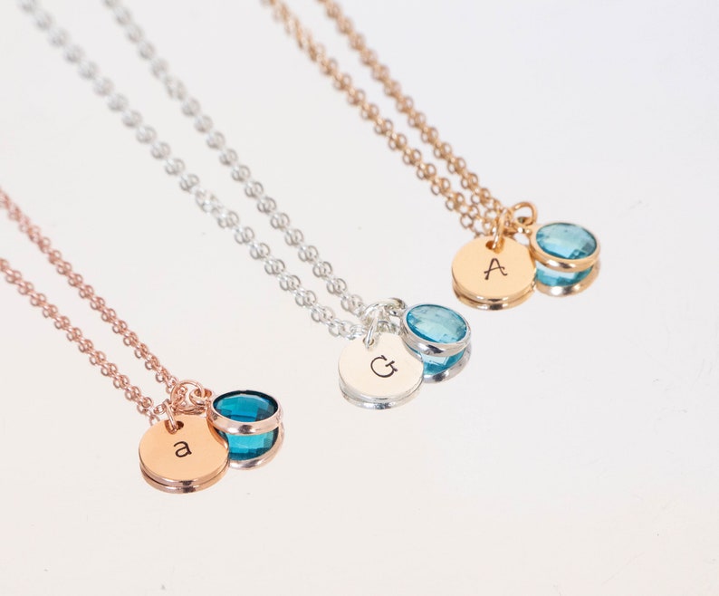 Initial Necklace, Birthstone Necklace, Personalised Jewellery , custom disc necklace , monogram necklace, bridesmaid gift, gift for mum image 2