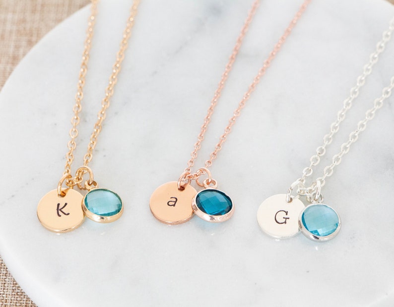 Initial Necklace, Birthstone Necklace, Personalised Jewellery , custom disc necklace , monogram necklace, bridesmaid gift, gift for mum image 1
