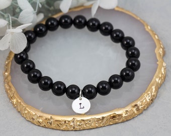 Personalized Black Tourmaline Bracelet: Initial Charm, Healing Stone