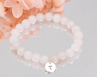 Rose Quartz Bracelet: Personalized Initial Charm, Gemstone Jewelry