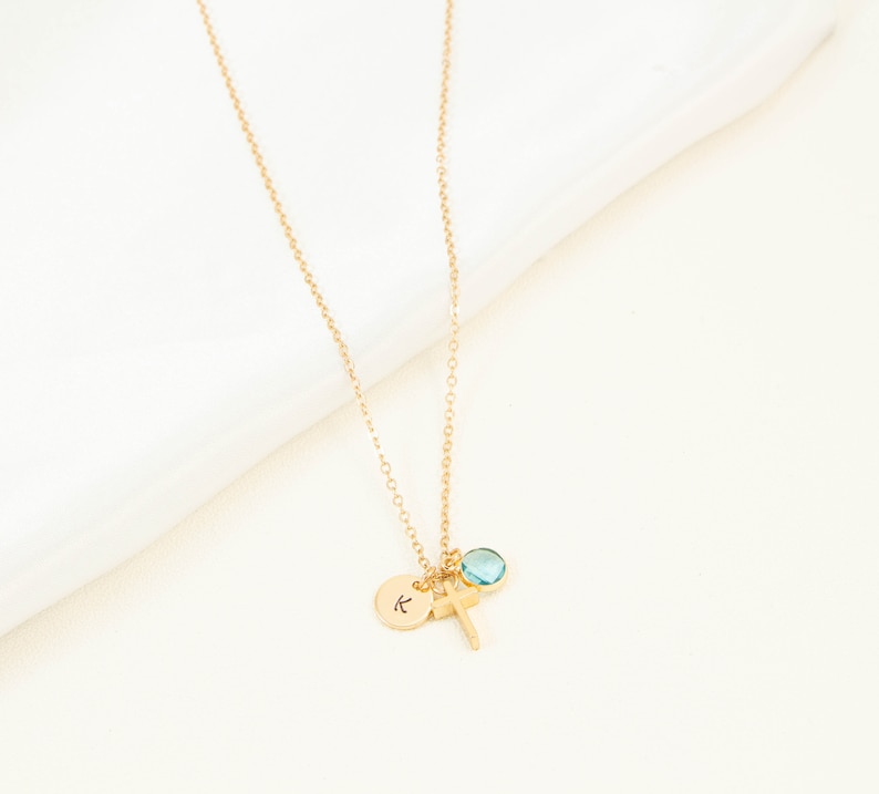 Dainty Cross Necklace Initial Cross Necklace Birthstone Etsy