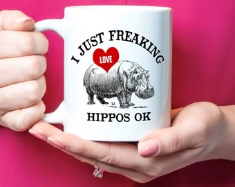 "I Just Freaking Love Hippos, Okay" Mug - 11oz Novelty Coffee Cup, Black Ceramic Hippo Gift